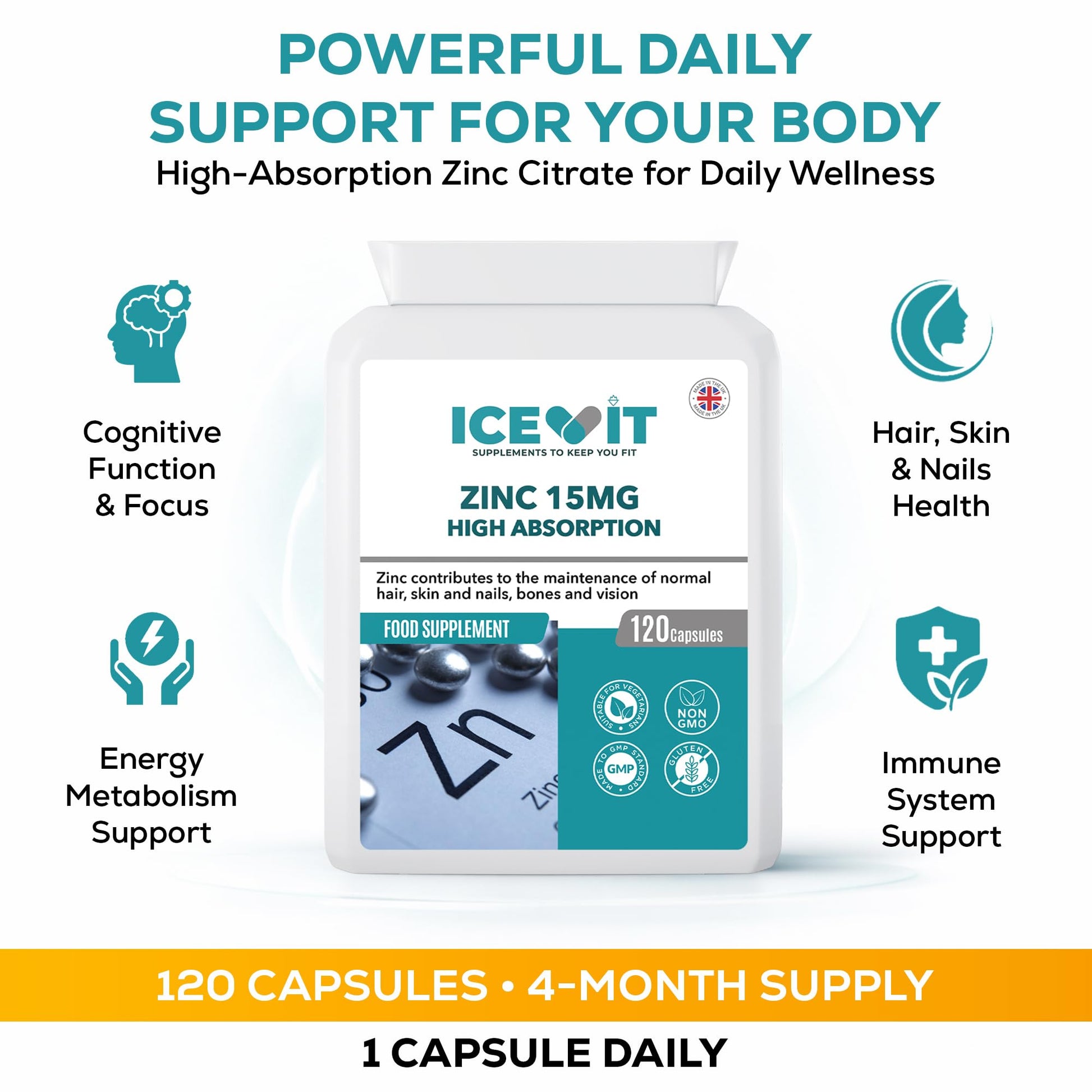 Supplement bottle labeled 'ICEVIT Zinc 15MG' with health benefits listed on a white background.