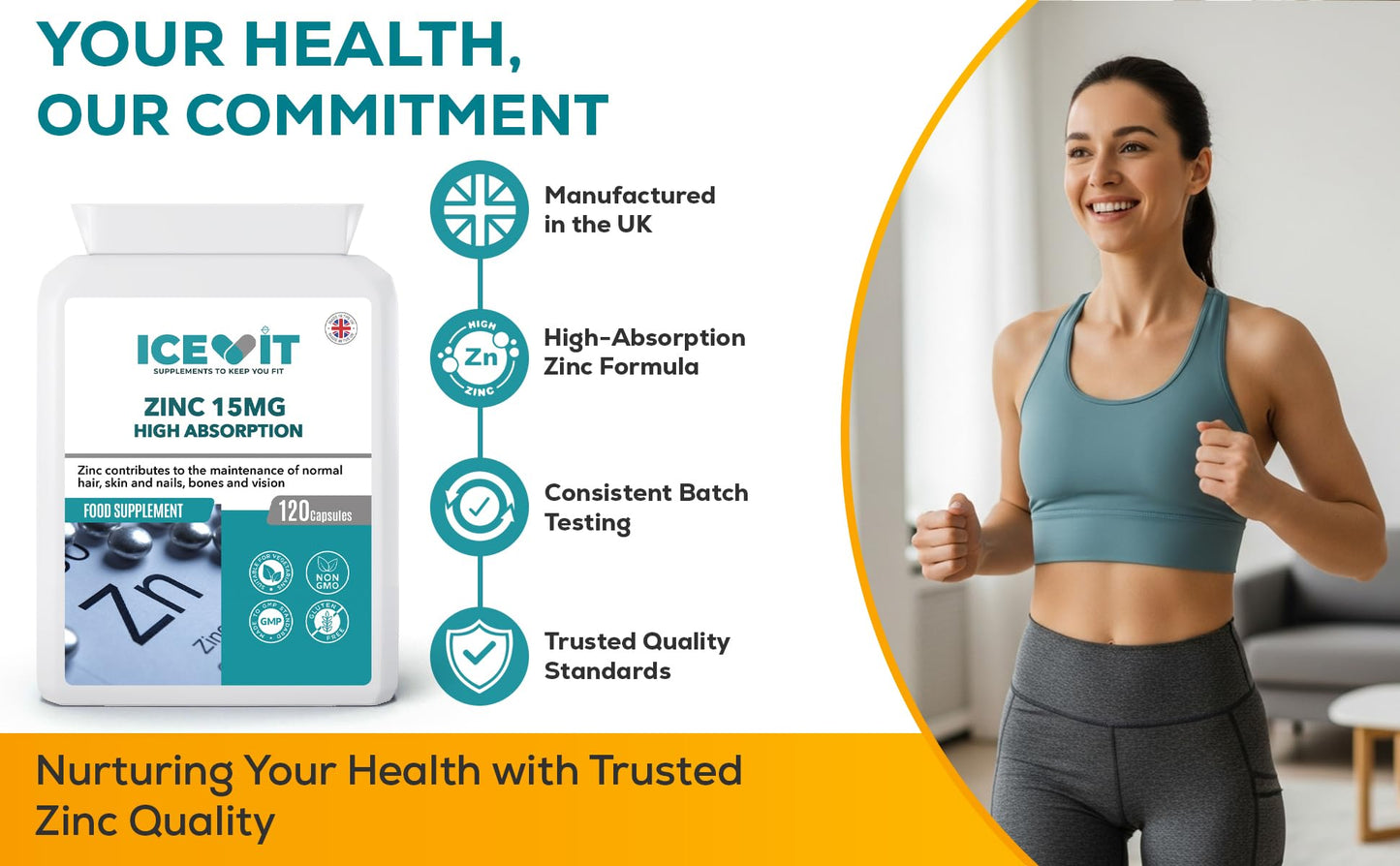 Icevit Zinc supplement with a woman exercising in the background, emphasizing health and commitment.