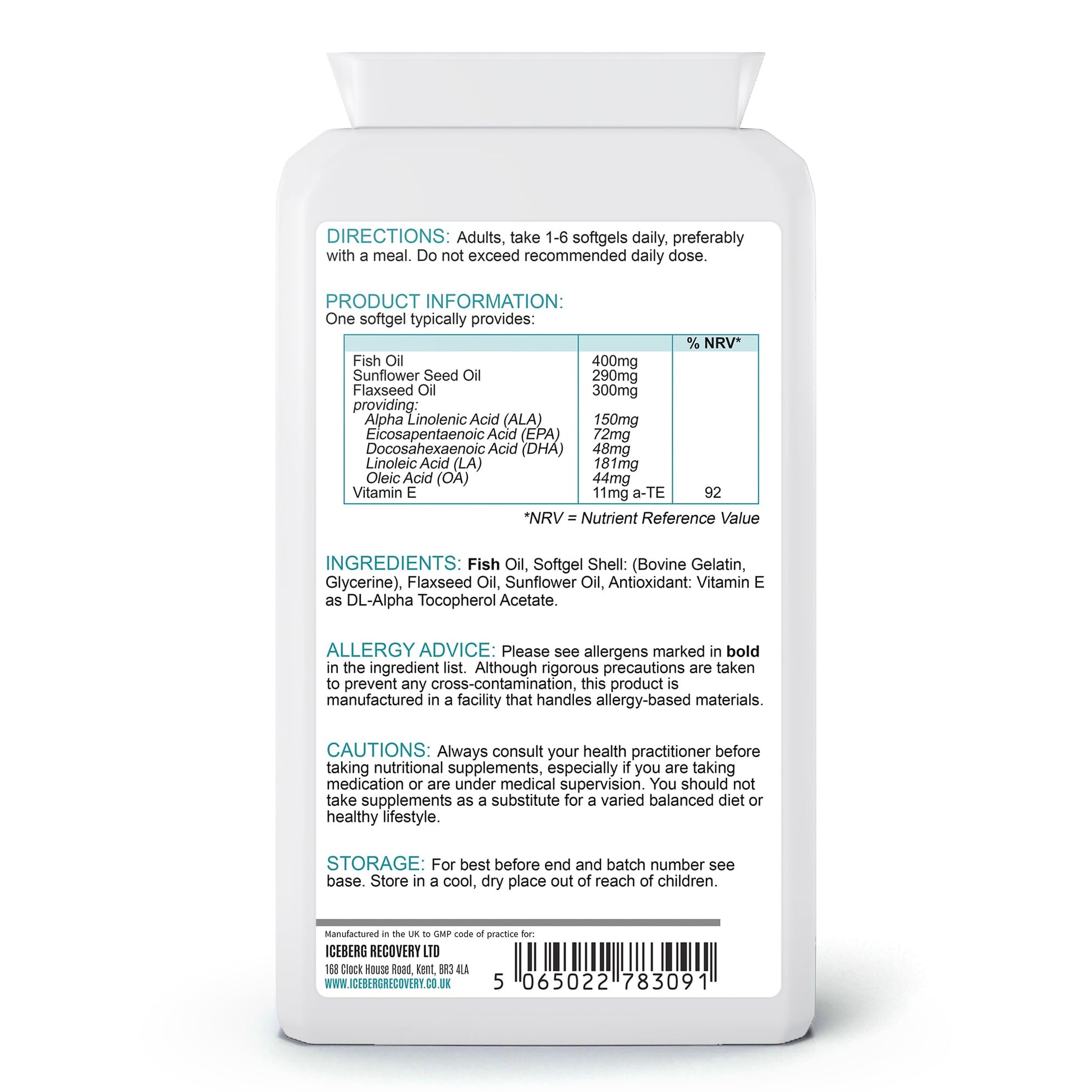 ICEVIT Omega 3-6-9 supplement facts panel showing fish oil flaxseed oil and vitamin E
