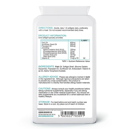 ICEVIT Omega 3-6-9 supplement facts panel showing fish oil flaxseed oil and vitamin E
