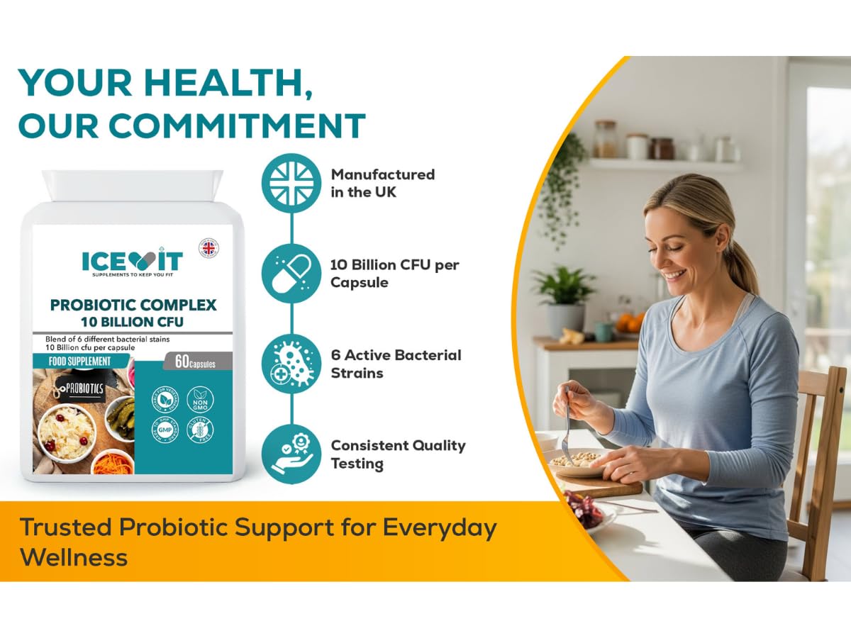 Icevit probiotic supplement packaging with a woman eating cereal in the background, emphasizing health and wellness.