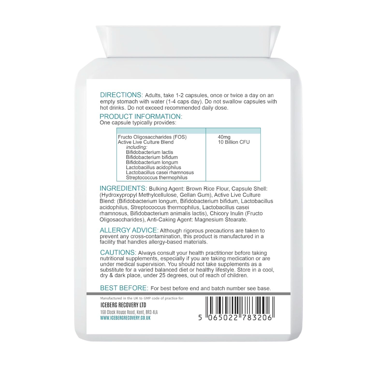 ICEVIT Probiotic Complex supplement facts and ingredients panel
