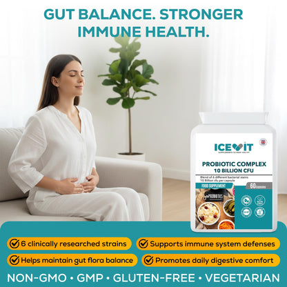 Woman sitting on a couch with a plant, promoting ICEVIT probiotic supplement.