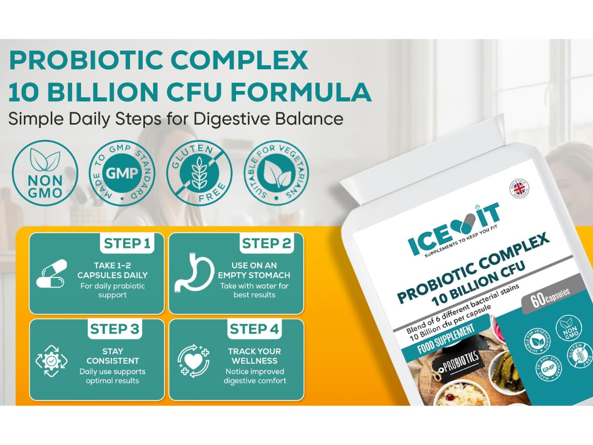 Probiotic Complex 10 Billion CFU – 6 Live Strains with FOS – 60 Vegan Capsules