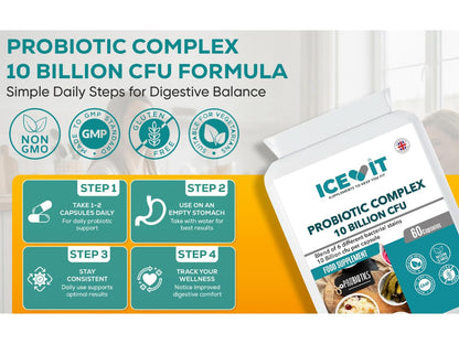 Probiotic Complex 10 Billion CFU – 6 Live Strains with FOS – 60 Vegan Capsules