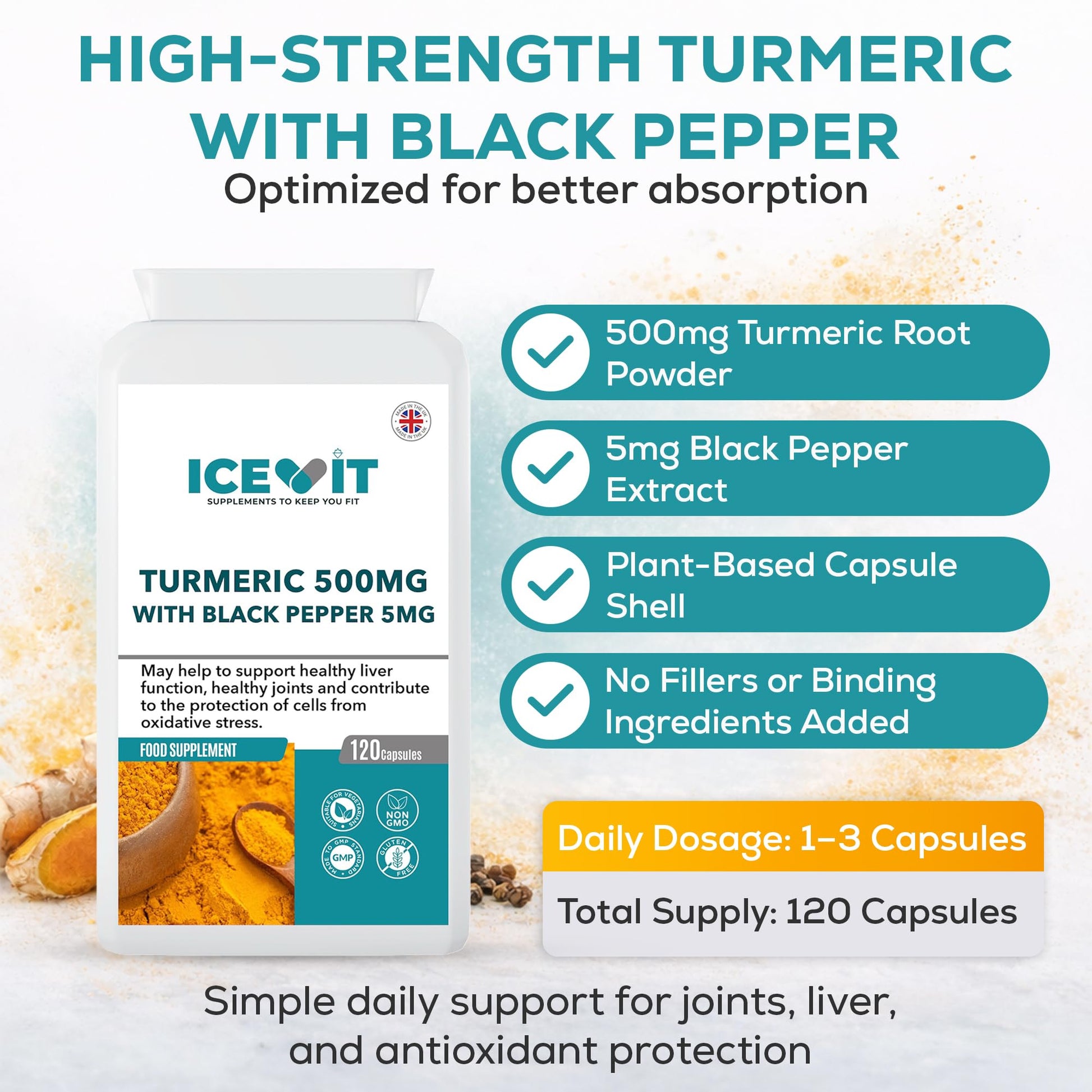 High strength turmeric card showing capsule, black pepper extract, and daily dose information