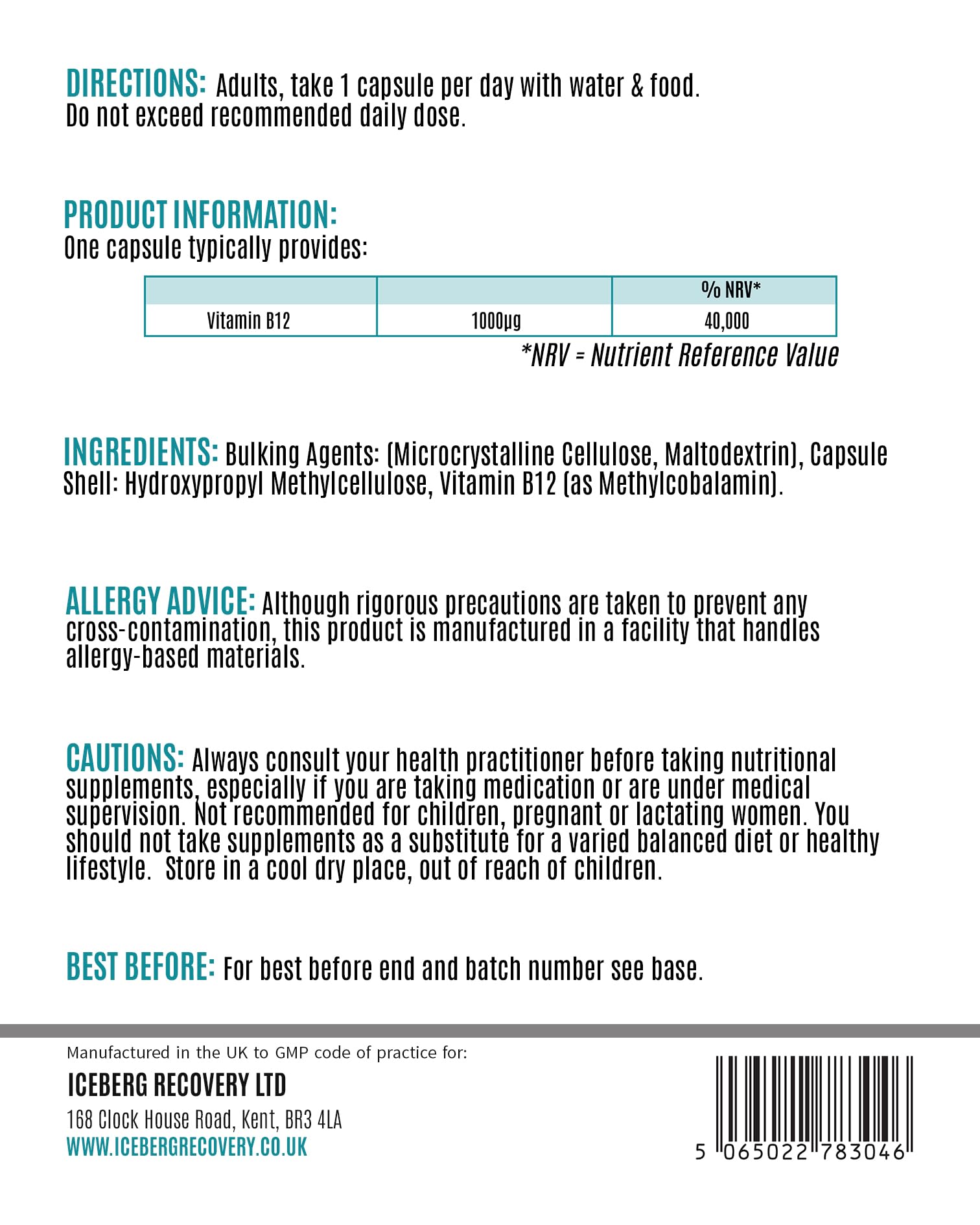 ICEVIT Vitamin B12 back label with supplement facts and ingredients panel