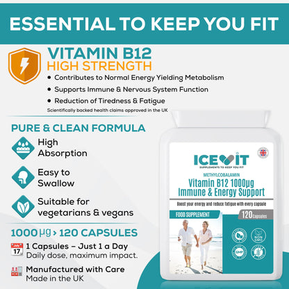Vitamin B12 benefits infographic showing energy metabolism and fatigue reduction support
